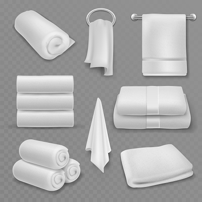 White towel. Beautiful fresh hotel bathroom, kitchen or beach stacked towels, roll and hanging, soft cotton luxury textile hygiene items, realistic vector mockups