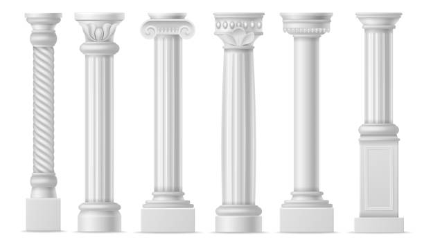 realistyczna kolumna. klasyczne zabytkowe białe kolumny, rzymskie historyczne kamienne filary, marmurowy filar starożytnej grecji zestaw wektorowy architektury - column pedestal greek culture three dimensional shape stock illustrations