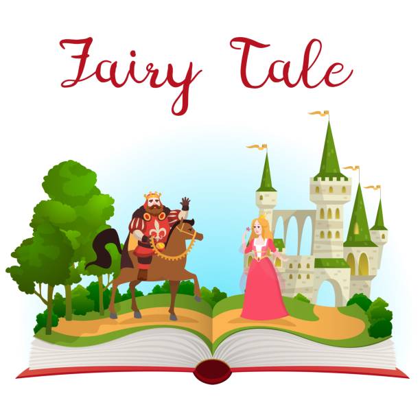 ilustrações de stock, clip art, desenhos animados e ícones de fairy tale castle book. open book with fantasy kingdom tower, prince on horse and princess near palace. cartoon vector kid illustration - book magic picture book illustration and painting