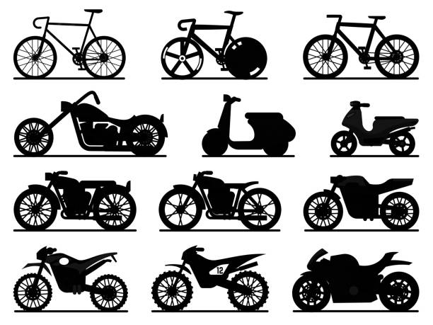 ilustrações, clipart, desenhos animados e ícones de silhuetas pretas de motocicleta. motocicletas e patinetes, motos e helicópteros. corrida de velocidade e entrega retro e veículos modernos vetor transporte de veículos coleção de detalhes de transporte de motores - motorcycle motocross biker moped