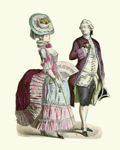 Fashion of a French couple late 18th Century, Period costume Vintage illustration of Fashion of a French couple late 18th Century 18th century style stock illustrations