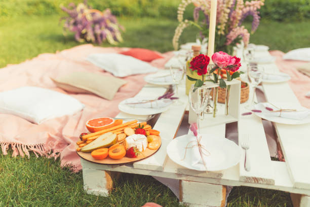 istock Summer picnic in the garden with delicious snacks and cold drinks 1251579294