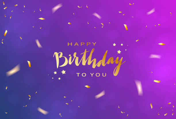 Birthday Streamers and Confetti on Blue and Purple Background Lettering Happy Birthday on blue and purple background with shiny holiday confetti and bubbles. Illustration can be used for holiday design, borders, posters, cards, banners, backdrop. birthday stock illustrations