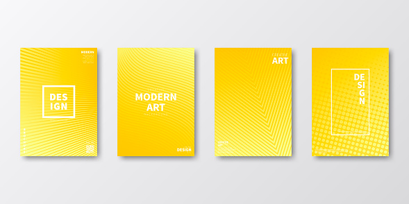 Set of four vertical brochure templates with abstract and geometric backgrounds. Modern and trendy background with color gradients (colors used: Yellow, Orange). Can be used for different designs, such as brochure, cover design, magazine, business annual report, flyer, leaflet, presentations... Template for your design, with space for your text. The layers are named to facilitate your customization. Vector Illustration (EPS10, well layered and grouped). Easy to edit, manipulate, resize or colorize.