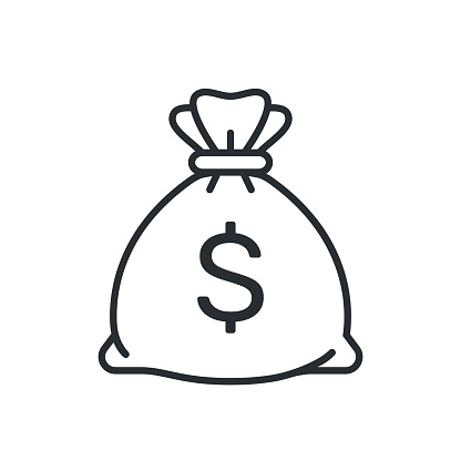 Money bag vector icon, sack of money flat mono line cartoon illustration with dollar sign isolated on white background. Eps 10.