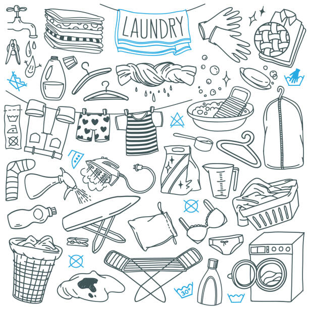 Laundry doodles set. Equipment and facilities for washing, drying and ironing clothes. Hand drawn vector illustration isolated on white background cartoon of the clothes line stock illustrations