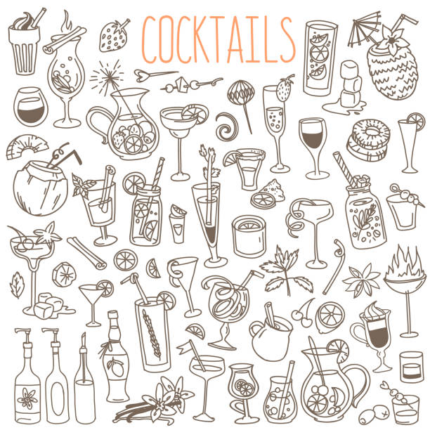 illustrazioni stock, clip art, cartoni animati e icone di tendenza di cocktail e drink per feste doodles set. - vector alcohol cocktail highball glass