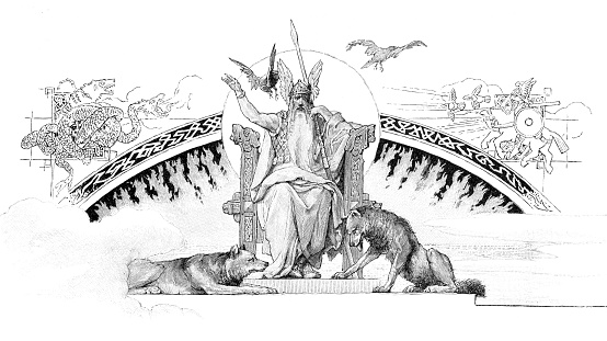 Odin from Old Norse is a widely revered god in Germanic mythology. Norse mythology, the source of most surviving information about him, associates Odin with wisdom, healing, death, royalty, the gallows, knowledge, war, battle, victory, sorcery, poetry, frenzy, and the runic alphabet, and portrays him as the husband of the goddess Frigg.
Odin with his ravens Huginn and Muninn and wolves Geri and Freki nearby
Original edition from my own archives
Source : Gartenlaube 1899
Drawing : Carl Gehrts