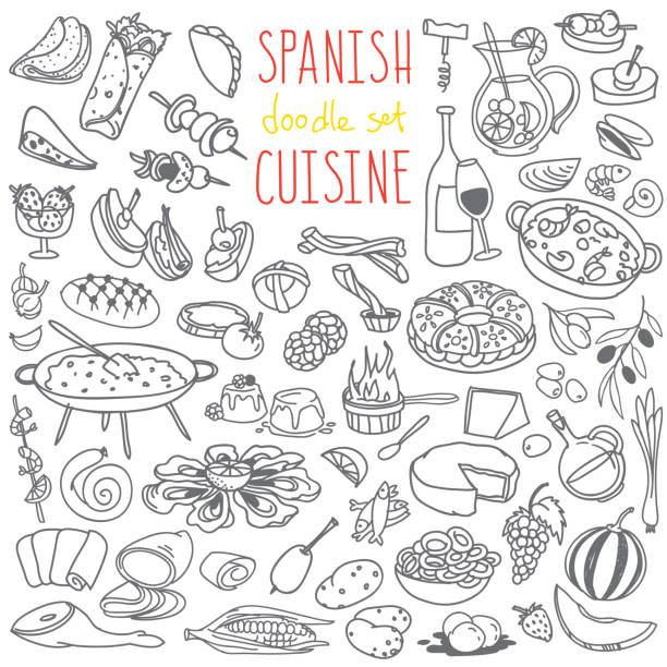 Spanish cuisine food doodles set.  Paella, jamon, tortilla, tapas, sangria, churros. Vector hand drawn illustration isolated on white background for cafe or restaurant menu buffet illustrations stock illustrations