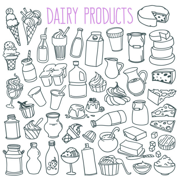 ilustraciones, imágenes clip art, dibujos animados e iconos de stock de conjunto de garóculas de leche y productos lácteos. - butter dairy product yogurt milk