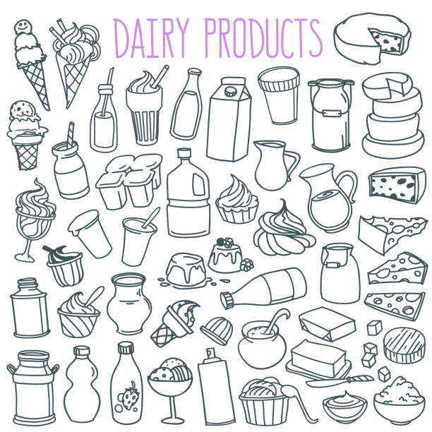 Milk and dairy products doodles set. Hand drawn vector illustration isolated on white background cottage cheese stock illustrations