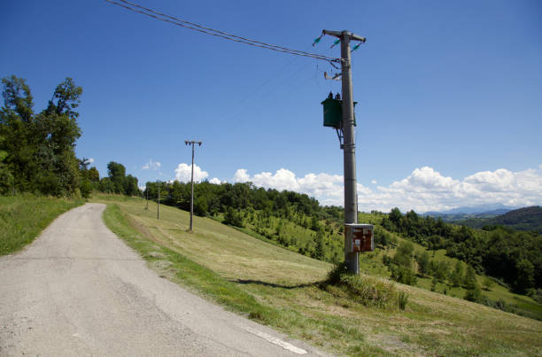 istock Road on a hill in summer with pylons and over head cables next to it 1251591211