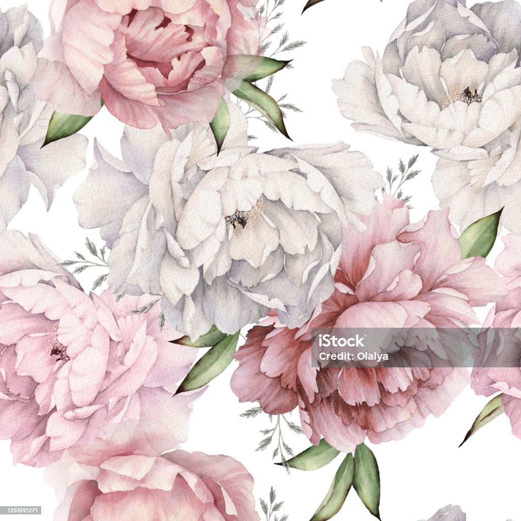 Seamless Floral Pattern With Peonies On Light Background Watercolor  Template Design For Textiles Interior Clothes Wallpaper Botanical Art Stock  Illustration - Download Image Now - iStock