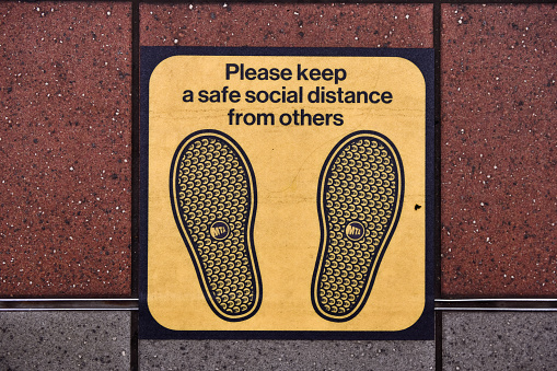 New York City, New York - June 11, 2020: Social distancing sign in New York’s transportation system, the subway (MTA).