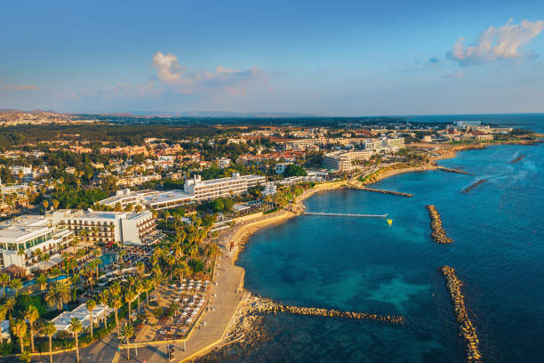 Cyprus, Paphos embankment, aerial view. Famous mediterranean resort city. Summer Travel stock photo