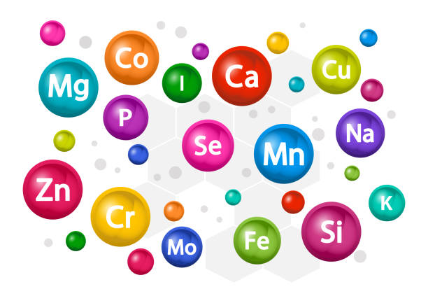 zestaw suplementów mineralnych. kompleks multiwitaminowy 3d dla zdrowia. tło witaminowe. wapń magnez cynk iron jod manganu kobalt miedź potas molibdenit chromium silicon selen. wektor - zinc stock illustrations