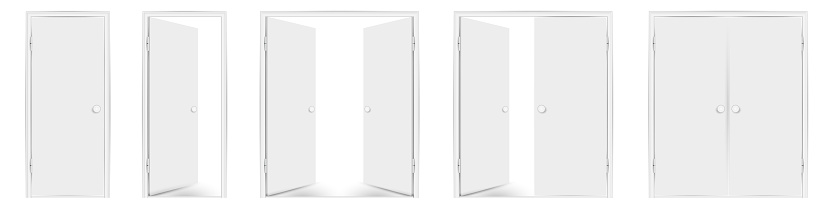 Blank white doors mock up set. Vector illustration. Open and closed, single and double doors. Round doorhandles.