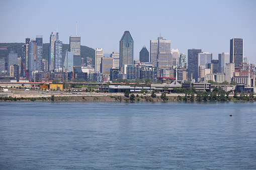 The Montreal skyline as seen from the new Samuel De Champlain Bridge over the St-Lawrence river.