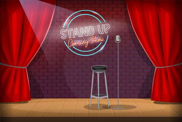 istock Stand-up stage with mic, red curtains and comedy show logo 1251603742