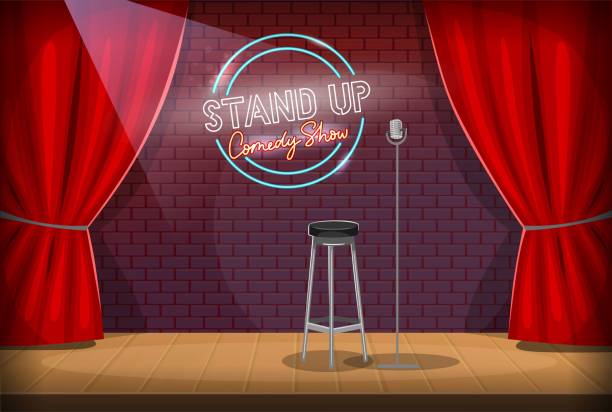 Stand-up stage with mic, red curtains and comedy show logo Stand-up empty stage. Scene of a comedy club with microphone, red curtains, chair and stand-up comedy show logo on a red brick wall, comedian stock illustrations