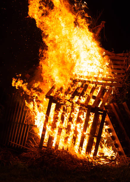 istock Burning woods with fire sparks, flame and smoke at night fireplace. 1251607299