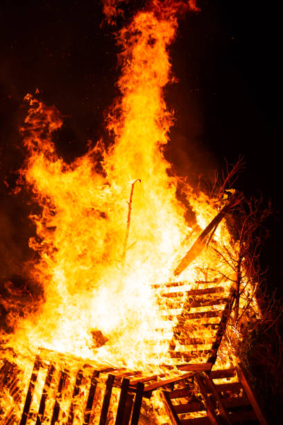 istock Burning woods with fire sparks, flame and smoke at night fireplace. 1251607348