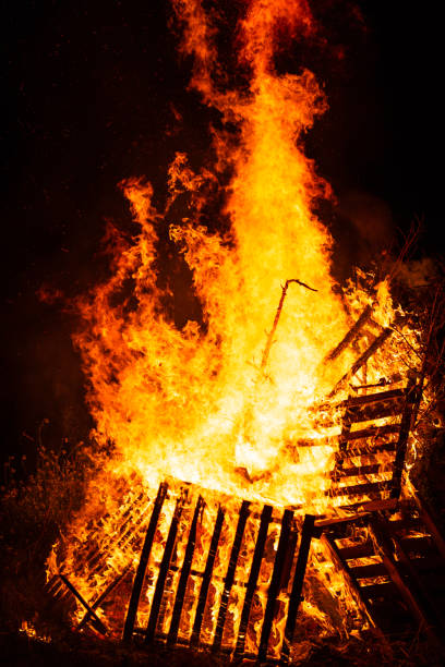 istock Burning woods with fire sparks, flame and smoke at night fireplace. 1251607366