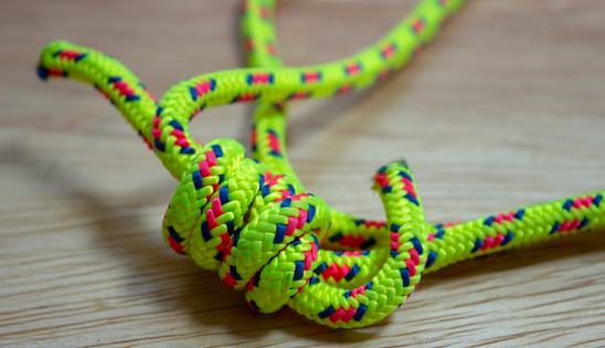 String loop, or cordelette, made of 6mm nylon cord used as backup during abseil and rappel in Rio de Janeiro, RJ, Brazil