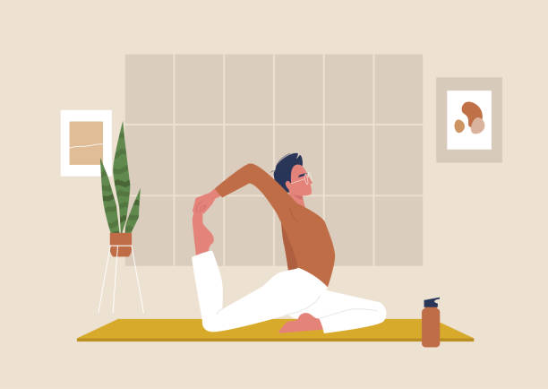 Young male character doing stretching exercises, mindfulness and meditation,  yoga studio Young male character doing stretching exercises, mindfulness and meditation,  yoga studio gym borders stock illustrations