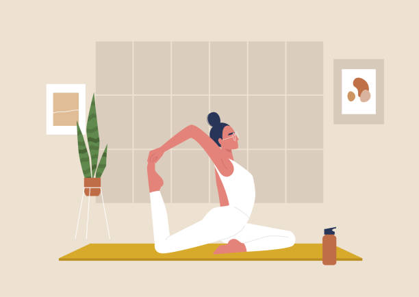 Young female character doing stretching exercises, mindfulness and meditation,  yoga studio Young female character doing stretching exercises, mindfulness and meditation,  yoga studio balance borders stock illustrations