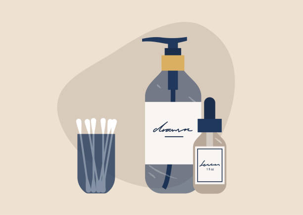 A set of skin care routine products, design packaging, cotton swabs, serum and body lotion, beautiful glass bottles A set of skin care routine products, design packaging, cotton swabs, serum and body lotion, beautiful glass bottles facial mask beauty product illustrations stock illustrations