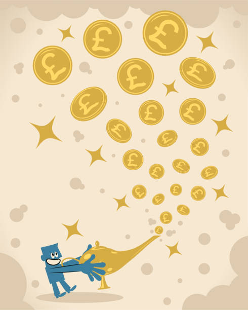 Smiling businessman is rubbing his magic lamp and then plenty of Pound sign British currency coming out Business Characters Vector Art Illustration.
Smiling businessman is rubbing his magic lamp and then plenty of Pound sign British currency coming out. piggy bank gold british currency pound symbol stock illustrations