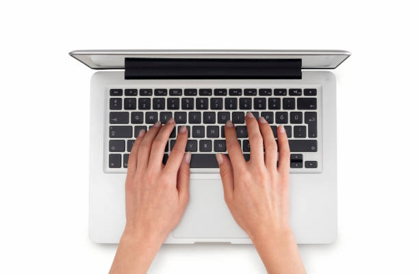 using laptop on white background - contemporary laptop human hand computer keyboard imagens e fotografias de stock