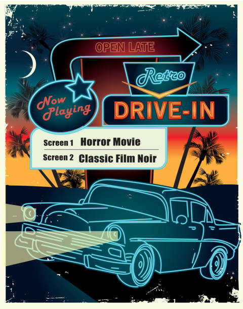 illustrations, cliparts, dessins animés et icônes de classic retro drive dans la publicité de conception d’affiche - drive in sign