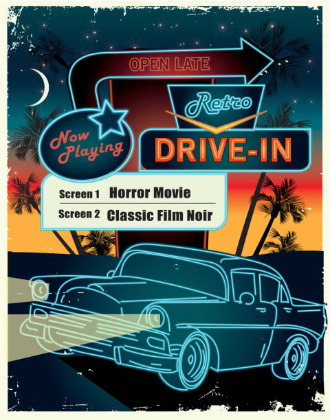 illustrazioni stock, clip art, cartoni animati e icone di tendenza di classic retro drive nella pubblicità di poster design - drive in