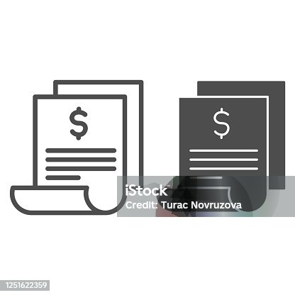 istock Bill line and solid icon, shopping concept, paper sheet with dollar sign on white background, Invoice or banking transaction receipt symbol in outline style for mobile and web design. Vector graphics. 1251622359