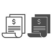 istock Bill line and solid icon, shopping concept, paper sheet with dollar sign on white background, Invoice or banking transaction receipt symbol in outline style for mobile and web design. Vector graphics. 1251622359
