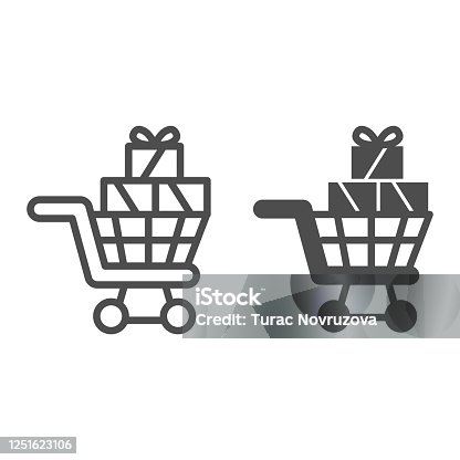 istock Shopping cart with gift boxes line and solid icon, shopping concept, trolley full of gifts sign on white background, Supermarket cart with box icon in outline style for mobile, web. Vector graphics. 1251623106