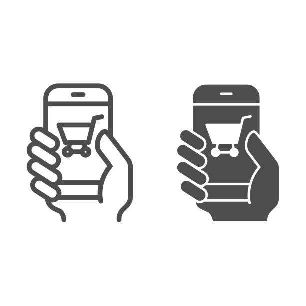 Hand with smartphone line and solid icon, shopping concept, mobile payment through phone sign on white background, Supermarket online shopping mobile phone with credit card icon in outline style. Hand with smartphone line and solid icon, shopping concept, mobile payment through phone sign on white background, Supermarket online shopping mobile phone with credit card icon in outline style through stock illustrations