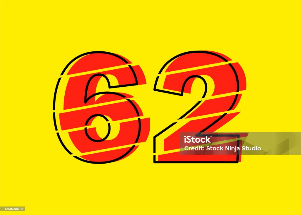 62 Design Glitch Modern Red 62 Number Design Vector Illustration Numeral Vector ...