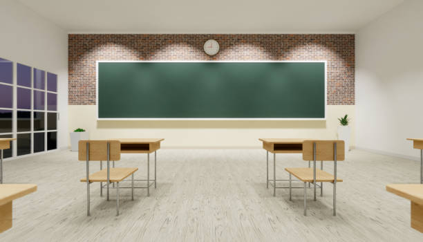 istock 3d rendering of new normal classroom interior and spacing tables and chairs to prevent the spread of the covid-19 virus on wood floor and empty green board background. 1251636638
