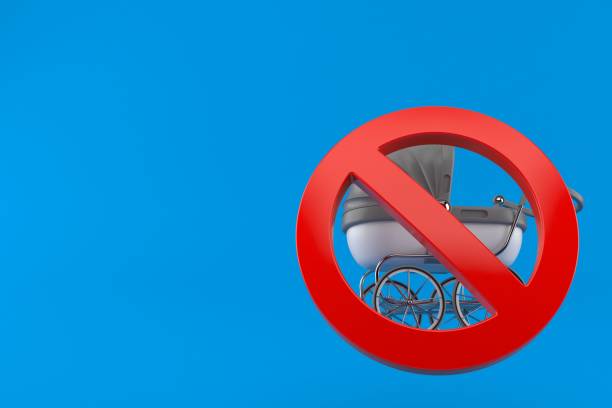 Baby stroller with forbidden symbol isolated on blue background. 3d illustration