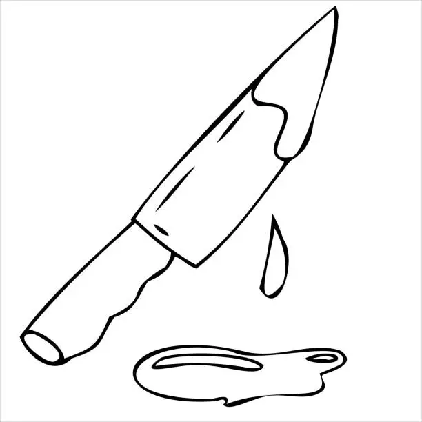 Vector illustration of scary knife in blood, vector decorative element, coloring book