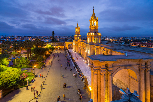 Nighttime panoramic view over the Plaza de Armas in the center of the historic district of Arequipa, Peru