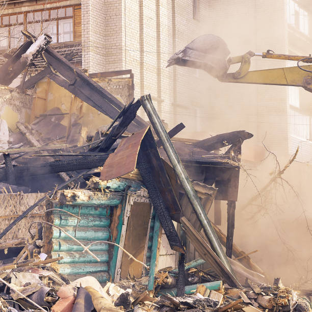 istock Demolition house using excavator in city. Rebuilding process. Remove equipment 1251644520
