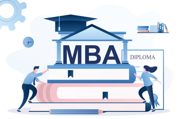 ilustraciones, imágenes clip art, dibujos animados e iconos de stock de antecedentes del concepto de proceso educativo. montón de libros de texto, diploma y estudiantes escalan libros para el grado de mba. - master of business administration