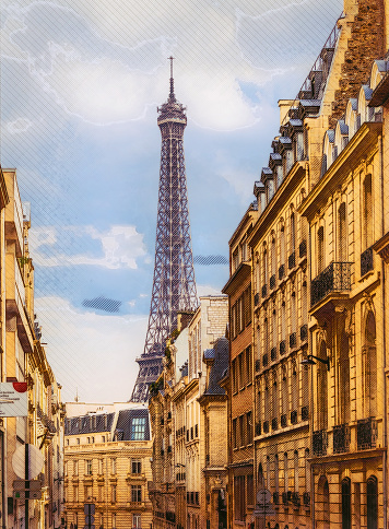 View of Parisian street with the Eiffel Tower in the clearance. Sketch illustration.