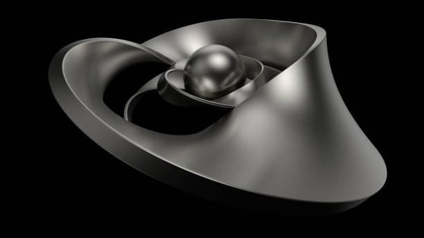 3d render of metal objects - sphere and twisted shapes. Reflective material.  Decorative chrome sculpture.