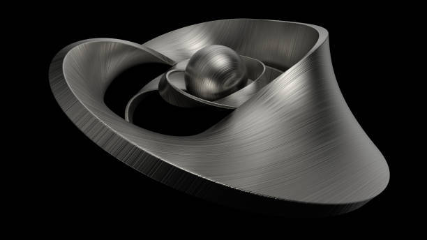 3d render of metal objects - sphere and twisted shapes. Reflective material.  Decorative chrome sculpture with textured surface.