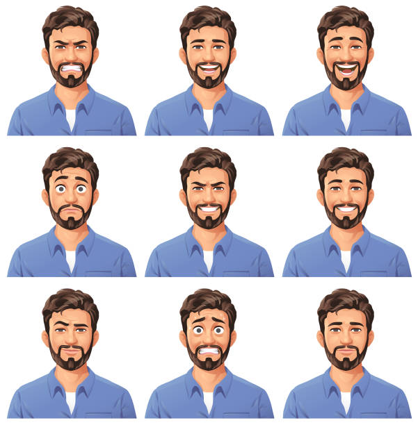 Young Man With Beard Portrait- Emotions Vector illustration of a young bearded man with nine different facial expressions: angry, talking, laughing, stunned/surprised, mean/smirking, smiling, sceptic, anxious, neutral. Portraits perfectly match each other and can be easily used for facial animation by putting them in layers on top of each other. beard illustrations stock illustrations